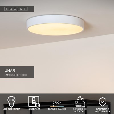 Lucide UNAR - Lámpara de techo - Ø 30 cm - LED 3 StepDim - 1x18W 2700K - Blanco
